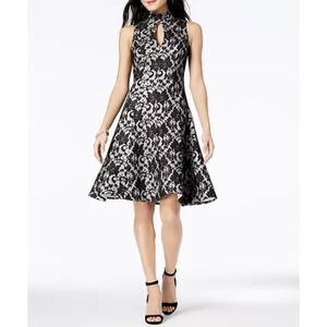 JAX Dress Womens 4 Black White Sleeveless Lace Fit & Flare Party Keyhole Neck